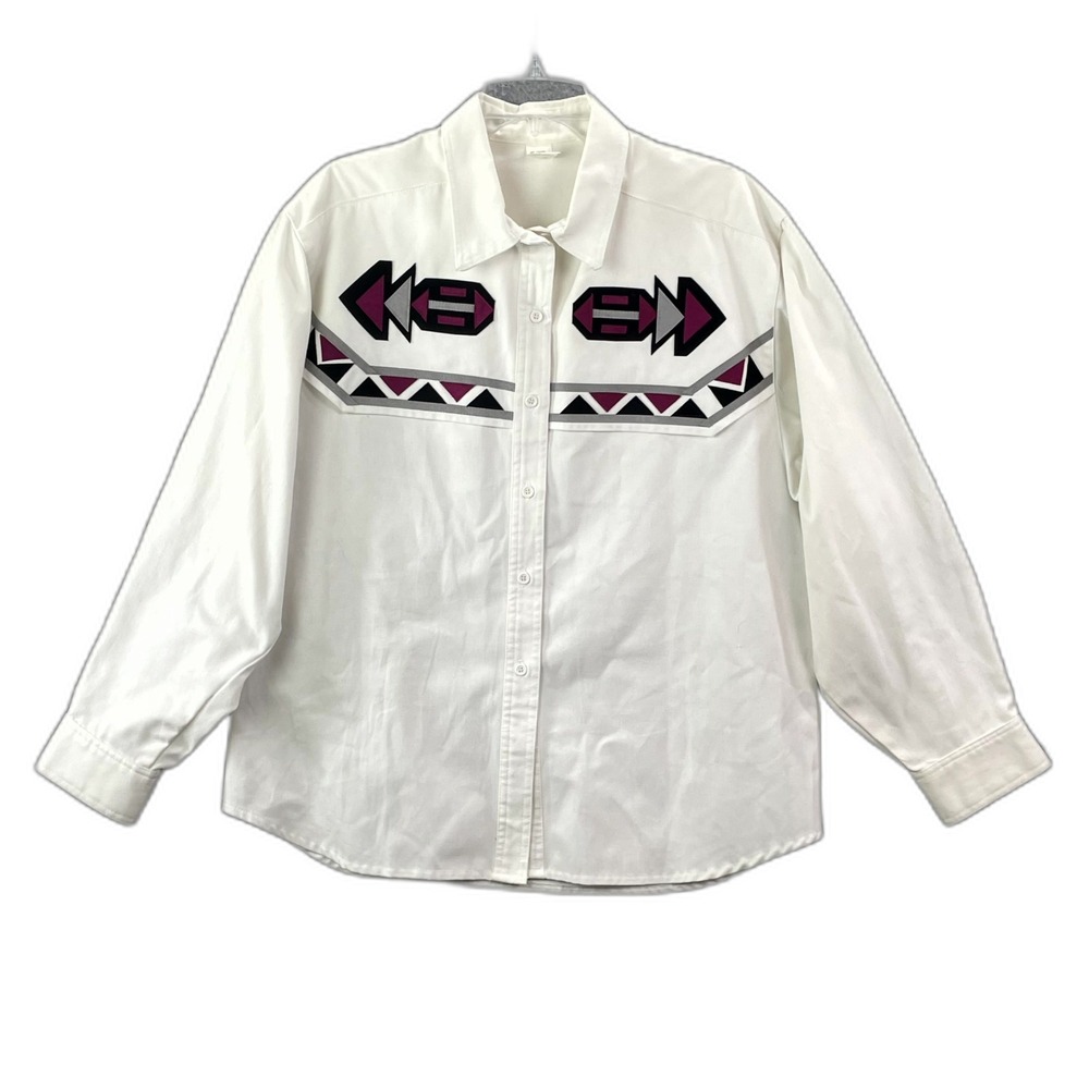Western Shirt Womens Large White Patchwork Long Sleeve Spread Collar Button Up